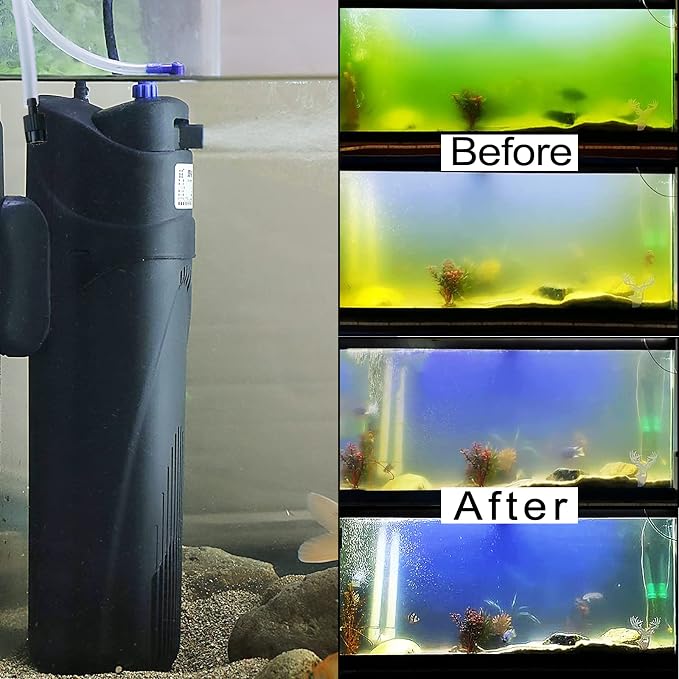 COOSPIDER Aquarium Filter with 9W U-V Light JUP-01 210GPH for 40-80 Gallon | Submersible Fish Tank Filter with 1 Spare Bulb + 2 Replace Sponge for Green Clean, Oxygen Supply, Deodorization, Water Cycle