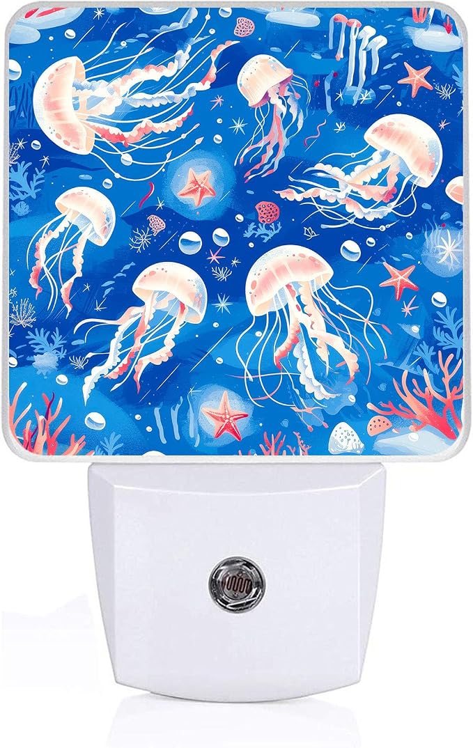 Jellyfish and Starfish Night Light, Plug-into Wall Underworld Sea Animals Nightlight Lamp with Dusk to Dawn Sensor, Led Lamp 0.5W Energy Efficient for Boys Girls Adults Home Decor