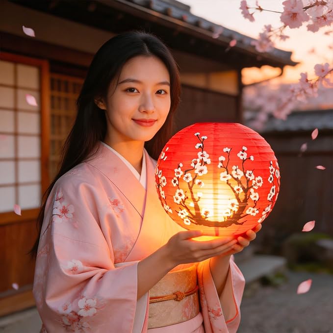 6 Pcs Red Paper Lanterns Decorative 10x12 Inch, ZUEXT Cherry Blossom Hanging Round Chinese/Japanese Lantern for Festival Theme Birthday Party Wedding Home Yard Japanese Eateries Decor Oriental Style