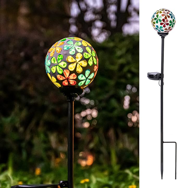 VCUTEKA Decorative Solar Garden Lights, 3.5" Mosaic Globe Outdoor Stake | Mosaic Glass Globe Design, Solar LED Light, Waterproof Design, Auto On/Off and Metal Stake Design for Lawn and Patio