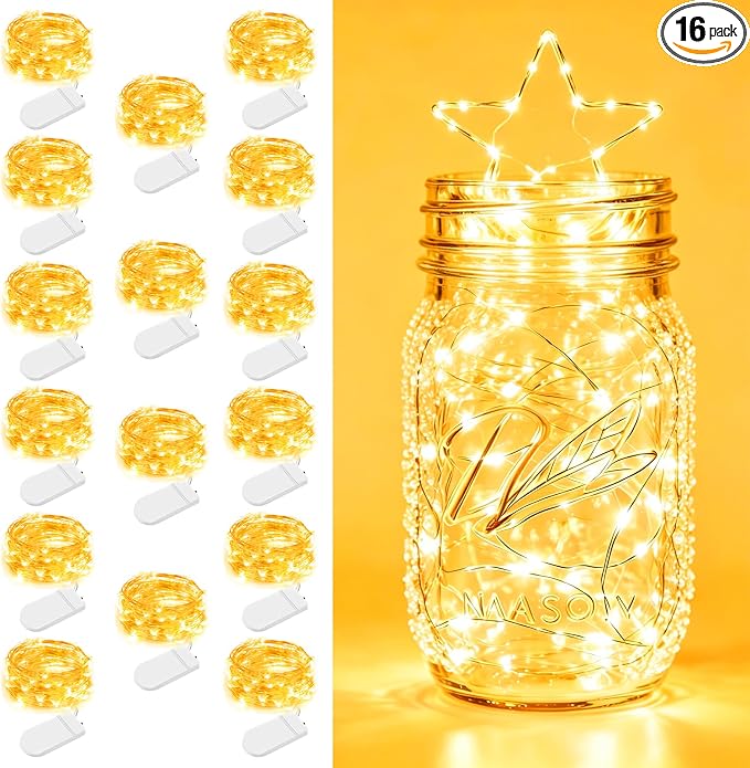 16 Pack Fairy Lights Battery Operated 7ft 20 LED String Lights Mini Twinkle Lights Silver Wire Firefly Starry Lights for DIY Mason Jar Wedding Centerpiece Table Party Christmas Decorations, Warm White