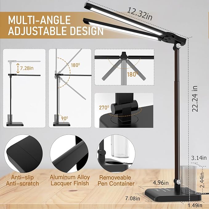 Retractable Dimmable LED Desk Lamp with USB Charging Port Desk Light | Height Adjustable 50 Lighting Modes Dual Swing Arm Architect Adjustable Table Lamp Light for Home Office Dorm Nail, Black