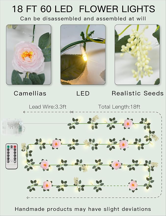 60LED Garland with Pink Camellia Lights Battery Operated Clear Wire | Vines String Lights with Remote,Artificial Fake Flowers leaf Lights for Wedding,Bedroom,Centerpieces Decor(Warm White)