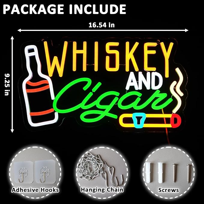 Whiskey Cigar Neon Sign for Wall Decor Dimmable Whiskey Bar Led Sign for Lounge Cigarettes Neon Light for Home Pub Beer Bar Man Cave Wine Cellar Hotel Bedroom Party Decor
