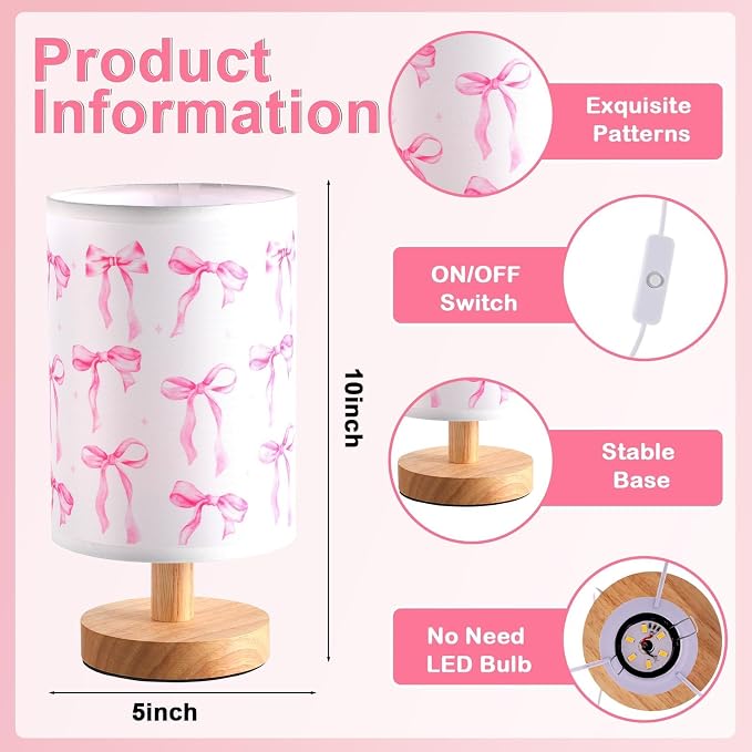 Lonfliness Pink Bow Kids Table Lamp Kids Bedside Lamp Bedroom LED Night Light with Linen Wooden Nightstand Cartoon Nursery Lampshade for Girls Boys Living Room
