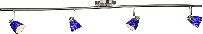 4 Light Adjustable Track Light, Brushed Steel Finish, Blue Glass Shade, Ready to Install, Bulb Included, D268-44C-BS-BLS
