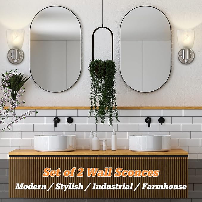 EJIAXIN Wall Sconces Set of 2, Brushed Nickel Vanity Lights for Bathroom, Modern Wall Light Fixtures with Rotary Switch, Wall Mount Light with Frosted Glass, Farmhouse Lamp for Bedroom Living Room