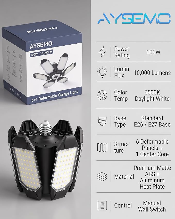 LED Garage Lights, 100W 10000LM Super Bright Light Bulb, 40000LM Total Garage Ceiling Lights for Large Workshop Barn Warehouse, 6 Deformable Panels LED Shop Lights, E26/E27 Screw in- 4 Pack