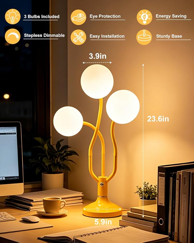 Globe Yellow Table Lamp Dimmable Magic DIY Arms G9 Bulbs Included | Vintage Ambient Night Light Modern Nightstand Desk Lamp Warmwhite Kids Bedside Lamps for Living Room Bedroom Nursery Gift