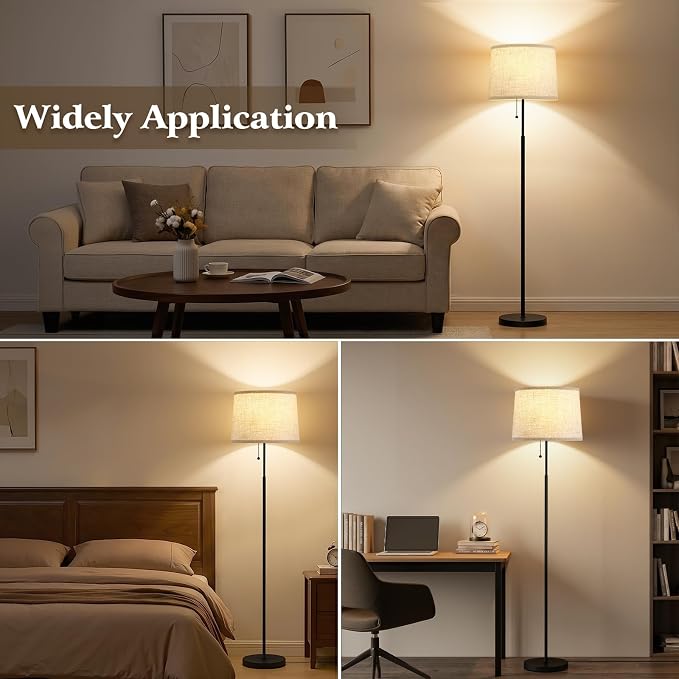 Floor Lamps for Living Room & Bedroom, 60" Modern Tall Standing Lamp, 3CCT | Lamps for Office, Classroom, Bedside, Linen Lampshade, Pull Chain Switch, Modern Design, Anti-glare Lighting, Easy Assembly