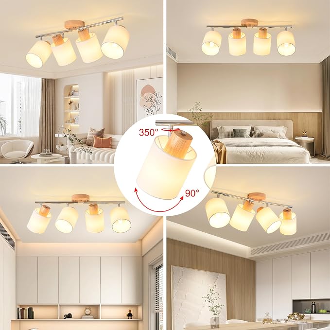 4-Light Track Lighting Kit Wooden Ceiling Spotlight Fabric Shades Rotatable | Rotatable Heads, E26 Socket, Modern LED Track Light Fixture Design, Ceiling & Wall Mount, Kitchen & Living Room Use, No Bulb