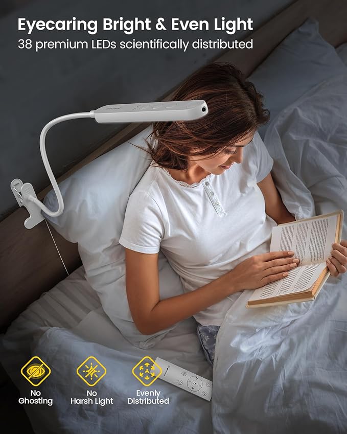 Glocusent 38 LED Clip On Light, 5W Eye Caring Book Lights for Reading | 5 Color & 5 Brightness with a Remote, 30-Min Auto Off Timer, Multi-Purpose Clip Lamp for Bed Reading/Studying/Working