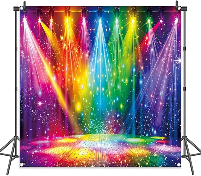 Disco Rainbow Stage Backdrop 70s 80s 90s Hippie Music Vintage Lights Photography Background Rock Music Colorful Neon Glow Party Decorations Photo Banner (6x6FT(72 x 72 inch))