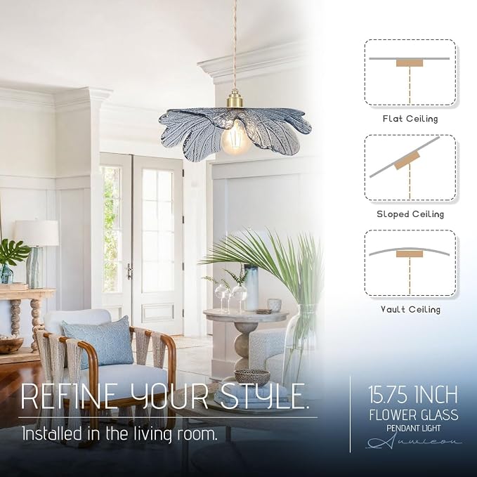 Modern Blue Glass Hanging Lighting 1-Light 15.7" Large Ceiling Pendant Light Art Decor Lampshade Modern Gold Brass Hanging Light for Kitchen Island Bedroom Dining Room