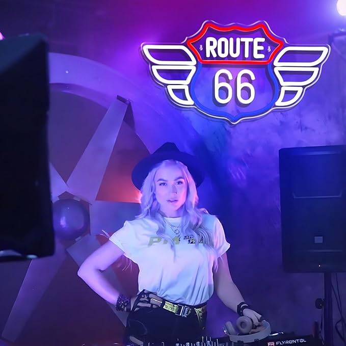 Route 66 Neon Sign Vintage Route 66 Garage Wall Decor Dimmable Us High Way Led 66 Road Sign for Man Cave Garage Neon Lights for Bedroom Party Gift