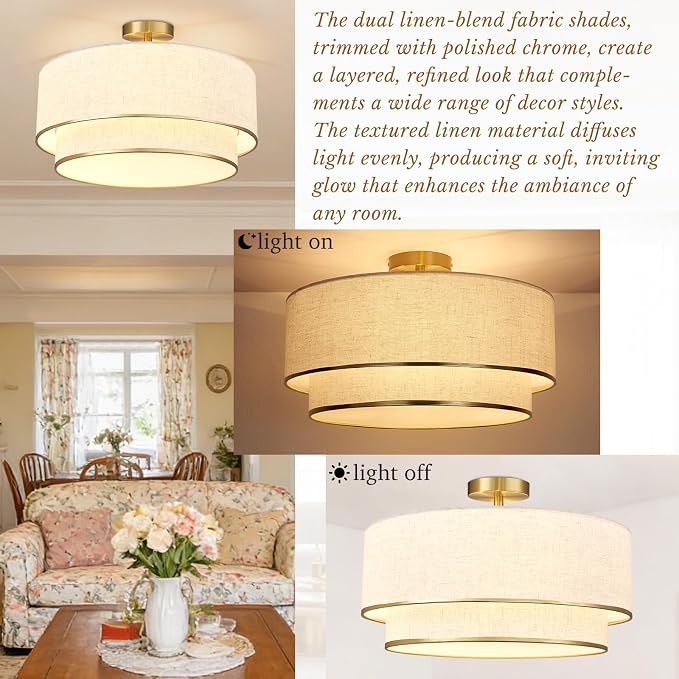 Hamilyeah 20 Inch Semi Flush Mount Ceiling Light, Dual Drum Fabric Shade Light Fixture with Gold Metal Trim, Modern Farmhouse Ceiling Light for Bedroom, Living Room, Dining Room, Hallway