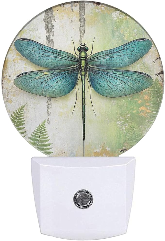 Plug-in Mystical Dragonfly Night Light Blue-Green Wings Nightlight with Dusk to Dawn Sensor, Auto On/Off 0.5W Energy-Saving LED Lighting for Men Women Boys Girls Gift