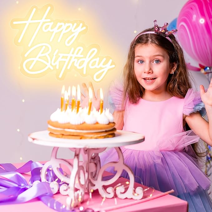 Happy Birthday Neon Sign for Wall Decor, USB Powered LED Neon Sign with Dimmable Brightness, Ideal for All Ages Birthday Parties and Celebrations, With 2 Pcs Birthday Cards (17×12 Inch)