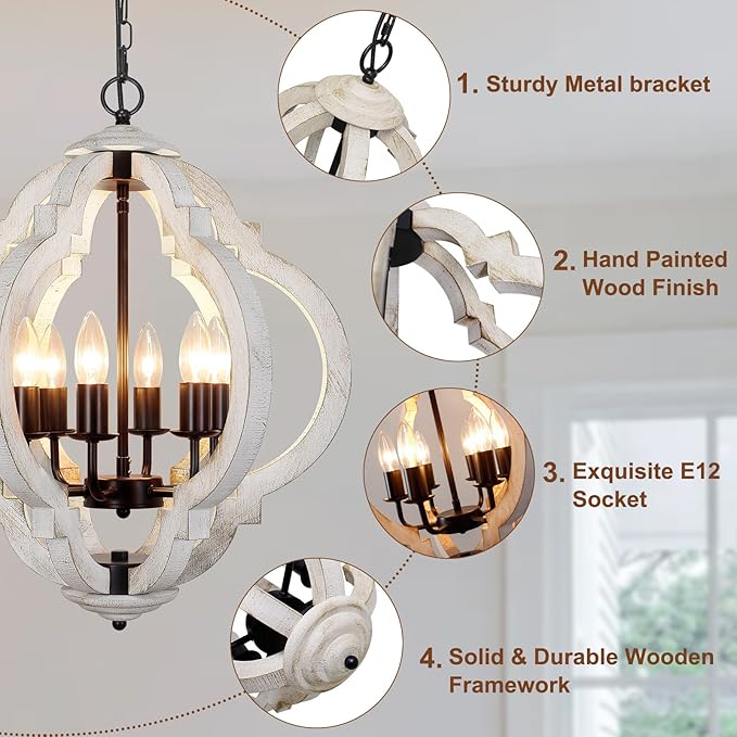 6-Light White Farmhouse Chandelier, French Country Rustic Wood Light Fixture for Dining Room, Kitchen Island, Bedroom, Entryway, Living Room