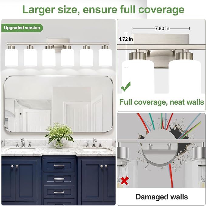 Brushed Nickel Bathroom Light Fixtures with Milk Glass Shades, Eye-Friendly 6 Light Vanity Lights for Bathroom, Vanity Lights with E26 Socket (Bulbs Not Included), for Mirror, Bedroom, Hallway