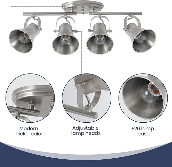 SEEBLEN 4-Light Track Lighting Fixtures Ceiling, Industrial Modern Kitchen Track Lighting, Nickel Directional Ceiling Light, for Kitchen Island, Dining Room, Living Room