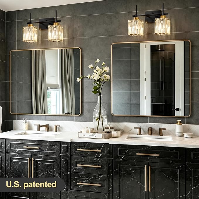 Torondo Modern Crystal Bathroom Vanity Light 2-Lights Gold Bathroom Light Fixtures Over Mirror Black and Gold Vanity Lighting Fixtures Gold Square Shade Brass Wall Sconce (Bulbs Not Include)