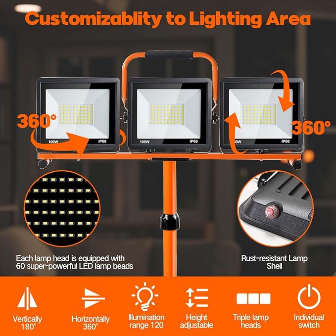 22000 Lumen Work Lights with Stand, 3 Head Portable LED Work Light, with Adjustable&Foldable Tripod Stand, IP66 Waterproof Lamp for Outdoor Indoor Job Site Workshop Garage Construction Site Lighting