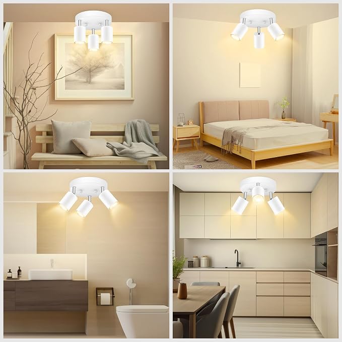 AUQUEE LED 3 Light Track Lighting Kit, LED Track Lighting Fixtures, White Round Ceiling Spot Lighting, Flexibly Rotatable Light Head for Kitchen, Living Room, Bedroom, GU10 Bulb Not Included