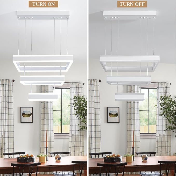 O'NEELDY Modern LED Chandeliers White Square Rings Pendant Light Fixture with Hanging Cord Flush Mount Square Modern Chandeliers for Kitchen Island Dining Room