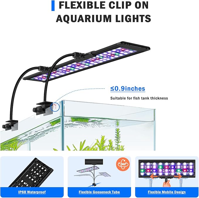 AQQA Clip On Aquarium Light, 24/7 & DIY Mode Full Spectrum Fish Tank Light | Adjustable Timer & Brightness, Memory Function, IP68 Waterproof LED Aquarium Plant Light, Fits 32–40 Inch Tanks