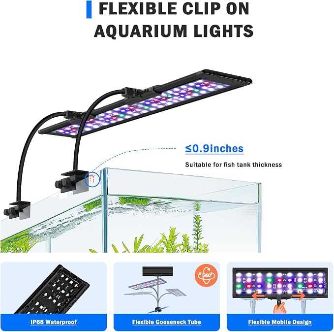 AQQA Clip On Aquarium Light, 24/7 & DIY Mode Full Spectrum Fish Tank Light | Adjustable Timer & Brightness, Memory Function, IP68 Waterproof LED Aquarium Plant Light, Fits 48–55 Inch Tanks