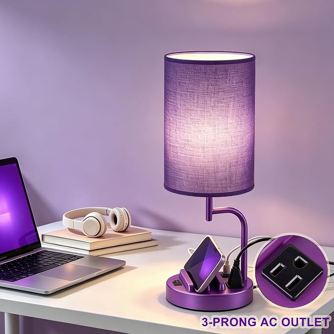 Dreamholder 2 Pack Table Lamp, Bedside Lamp with 3 USB Charging Ports & AC Outlet, USB Desk Lamp with 2 Phone Holders, Linen Fabric Shade Nightstand Lamps for Bedroom Living Room Office, Purple