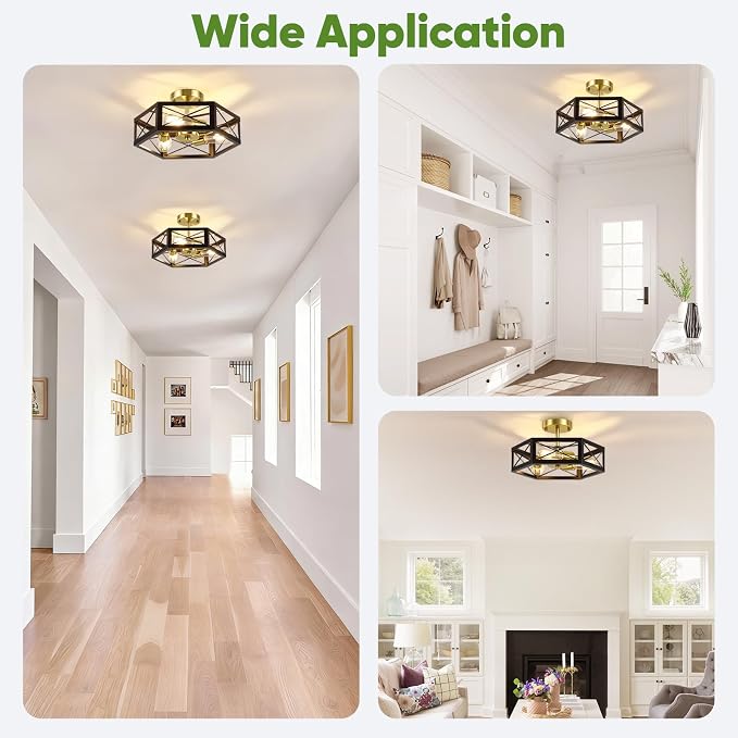 3-Light Semi Flush Mount Ceiling Light, Black and Gold Hallway Light Fixtures Ceiling Mount, Modern Metal Hexagon Cage Close to Ceiling Lights for Kitchen, Bedroom, Living Room