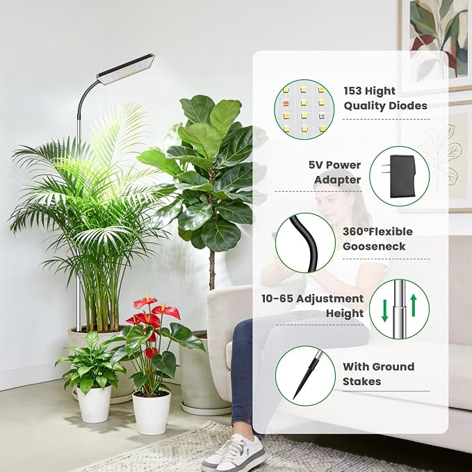 Grow Lights for Indoor Plants,153 LEDs Full Spectrum Plant Lights | Plant Grow Light with 3 Color Modes, 6/12/16Hrs,5 Brightness,10''-65''Adjustable Height for Large Small Plants.Black 1 Pack
