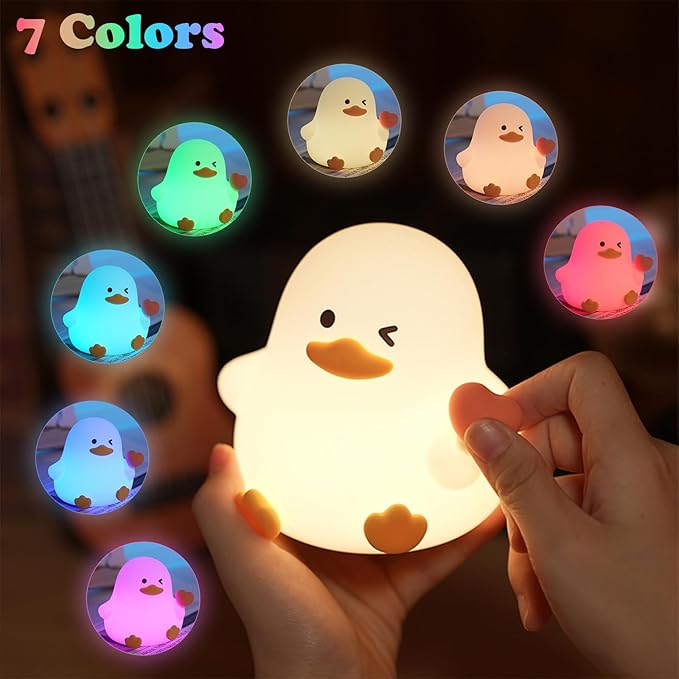 Night Light for Kids, 7 Colors Cute Duck Night Light, 3 Levels Dimmable Silicone Night Lamps, Bedside Nursery Night Lamp with Timer, LED Squishy Rechargeable Animal Nightlight for Boys Girls (Duck)