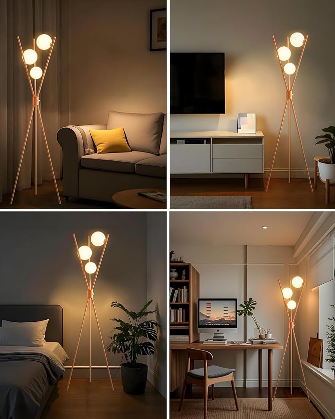 Lightdot Globe Standing Lamps Stepless Dimmable Tripod Floor Lamp with 3PCS 3000K Bulbs Included Stable Base Orange Mid Century Modern Floor Lamp for Living Room/Bedroom/Sofa Beside/Corner Decor