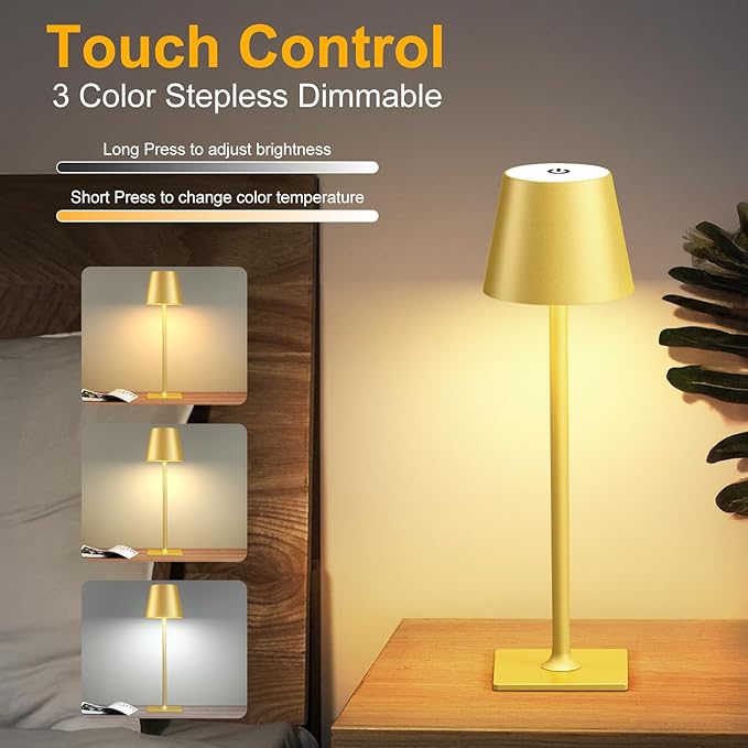 2 Pack Gold Cordless Table Lamp - 6000mAh Battery Operated Touch Lamp with 3 Color Stepless Dimming, Waterproof & Wireless for Indoor & Outdoor Use, Perfect for Living Room Camping Café Patio