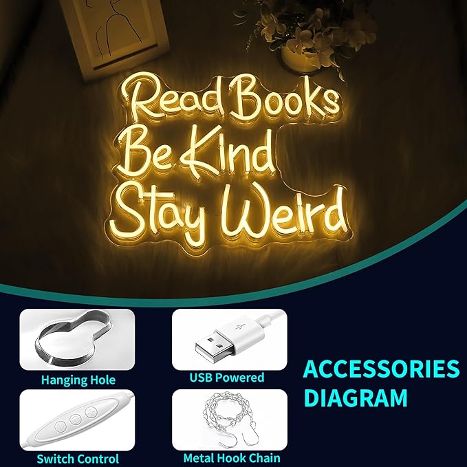 Neon Sign, JGHTURIE Read Books Neon Signs for Wall Decor Warm White Led Lights Signs for Classroom Office Library Bookshop Study Room Decoration USB Powered