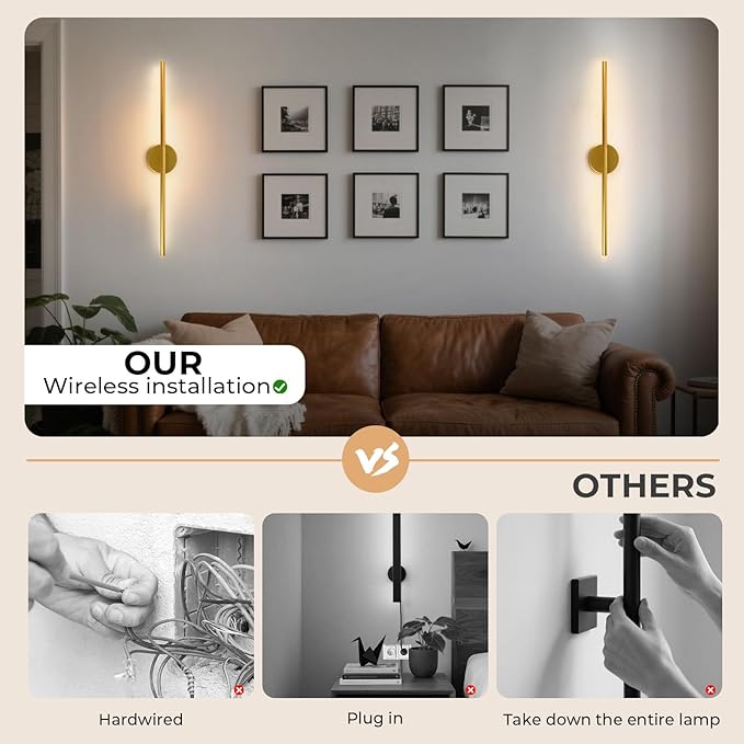 Battery Operated Wall Sconces Set of 2, 10000mAh Wireless Rechargeable Wall Lights Dimmable Detachable Wall Lamp with Remote Control, 3000K-6500K Dimmable Wall Sconce 28.3 Inch Gold