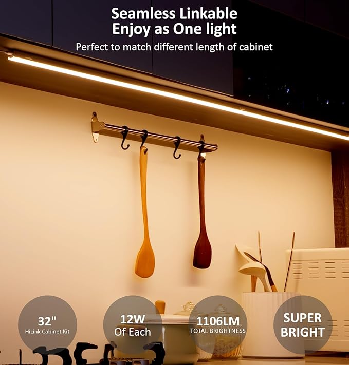 Under Cabinet Lighting Plug in, 32 Inch 1 Pc, Linkable AC120V 3CCT 3000K/4000K/5000K Ultra Slim, LED Under Cabinet Lights for Counter Light, Kitchen, Shelf, Sink, Workshop, Desk, Bronze