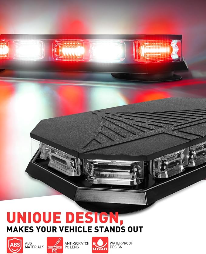 HLauto 406D Rooftop Emergency Strobe Lights Bar, 102 LED Red White Mini Beacon Safety Flashing Warning Traffic Lights Bar w/Magnetic Base for 12-24V Trucks, Construction Vehicles, Snowplow, Cars