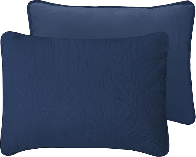 Easy-Going Full/Queen Size Reversible Quilt Set with 1 Quilt and 2 Pillow Shams, Soft Bed Quilt Cover, Water Resistant Lightweight Bedspread, Stain Resistant, Olive Leaf-Dark Blue/Light Blue
