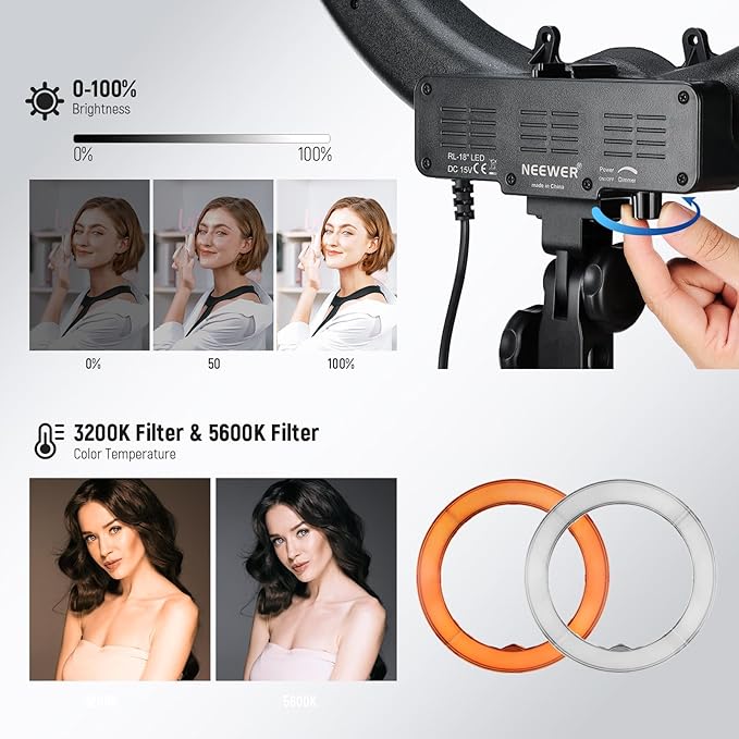 NEEWER 58W 18"/45cm Ring Light Kit, 3200K & 5600K Bi Color Dimmable CRI95 LED Selfie Lighting for iPhone with Tripod Stand/Phone Holder/Cold Shoe for Makeup Studio Video Recording Photography, RL-18