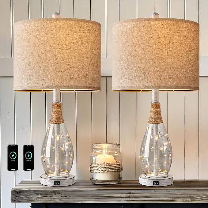 23" Table Lamps for Living Room Set of 2 Bedside Lamps for Night Stands Bedroom Lamps Farmhouse Rattan Boho Lamp Glass Nightlight End Table Lamp with USB C+A (White),Two Light Points