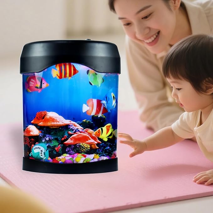 Toycol Fake Fish Lamp, LED Aquarium Sensory Light with 6 Color Changing and 7 Fake Fish, Mood-Relaxing Night Light, Exquisite Decoration for Office, Room and Party, Gifts for Kids and Adults