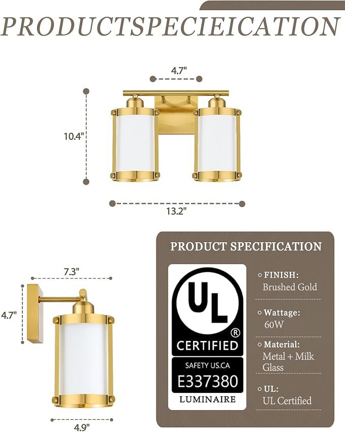 2-Light Brushed Gold Bathroom Light Fixtures with Milk White Frosted Glass, 13.2" UL-Listed Modern Wall Sconce Over Mirror with Metal Cage for Bath, Hardwire E26, OS-3014BGW-2W