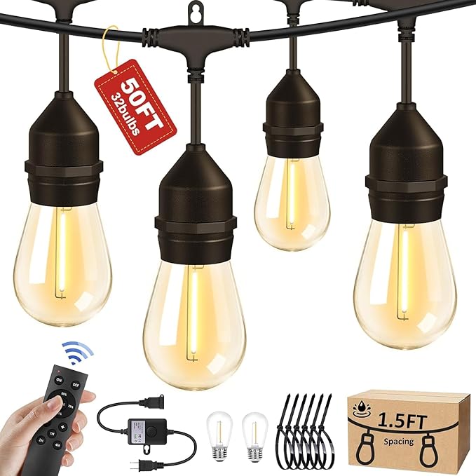 50FT Outdoor String Lights 32Bulbs (1.5FT Bulbs Spacing),120W Dimmer Remote | Patio Lights with IP65 Waterproof, Dimmable & Timing & 3 Mode, Connectable, Zipper Ties for Outside Commercial Backyard