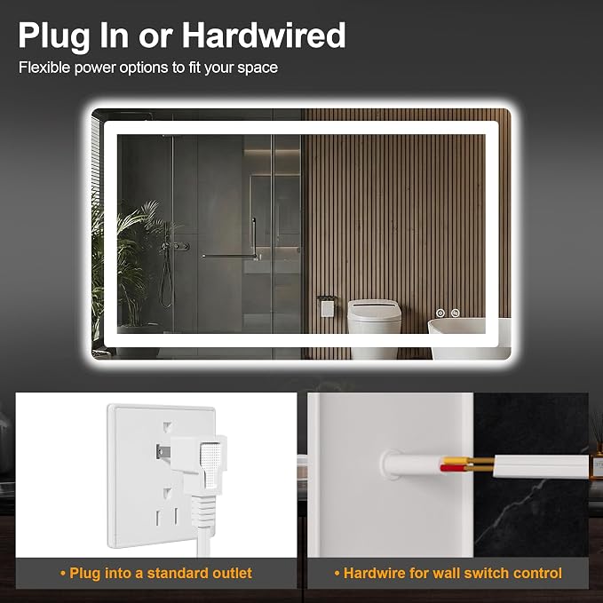 LED Bathroom Mirror with Lights, 24 x 40 Lighted Vanity Wall Mirror | Backlit and Frontlit, Anti-Fog, Dimmable 3 Colors, Shatter-Proof Tempered Glass, Memory Function, Plug-in/Hardwired