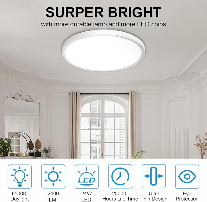 6Pack LED Flush Mount Ceiling Light: 12 inch Super Slim Dimmable & 5CCT (2700-6000K) Kitchen Lighting Fixtures Ceiling - 24W White Low Profile Ceiling Lamp for Bedroom Garage Hallway