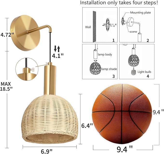 Boho Battery Operated Wall Sconce Set of 2 with Remote, Rechargeable Rattan Wireless Sconces - Dimmable for Bedroom, Living Room, Entryway (Gold)